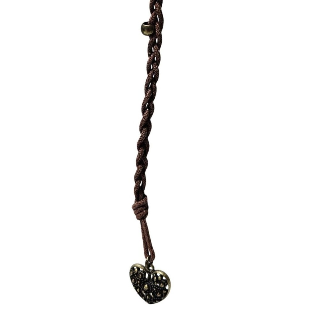 Vintage Heart Pendant Necklace Brown Braided Cord Antique Brass Filigree Charm